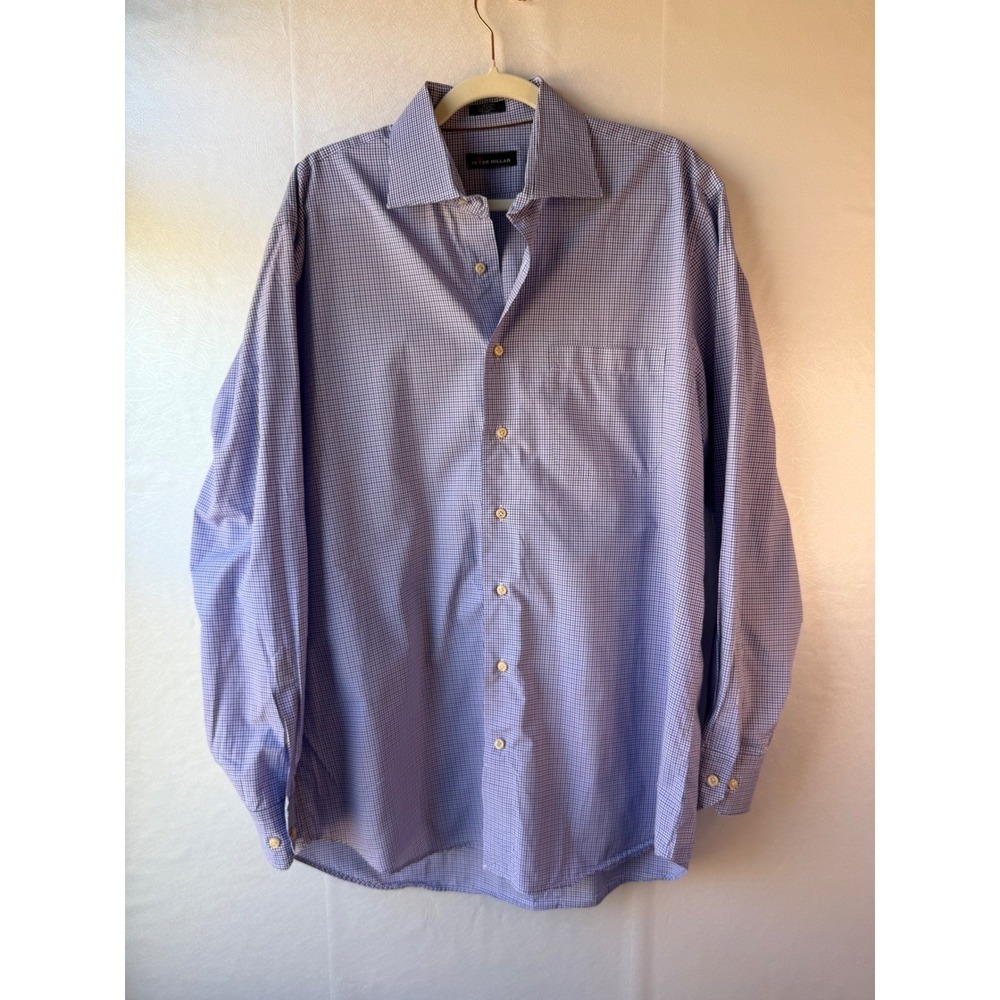 Peter Millar Mens Purple White Gingham Check Button Down Shirt Size 17 43cm L - Picture 2 of 8